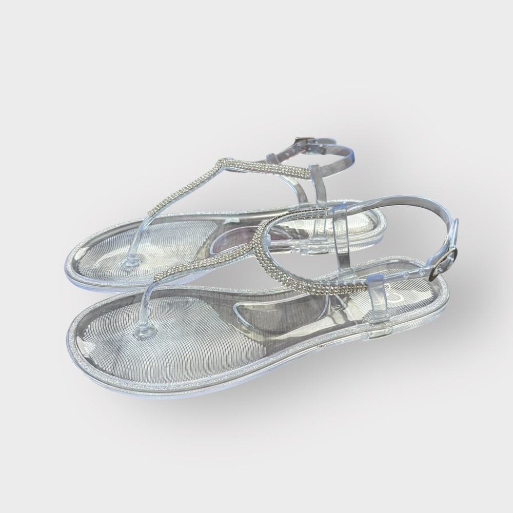 Windsor Silver Jelly Rhinestone Embellished T-Strap Thong Slingback Sandals